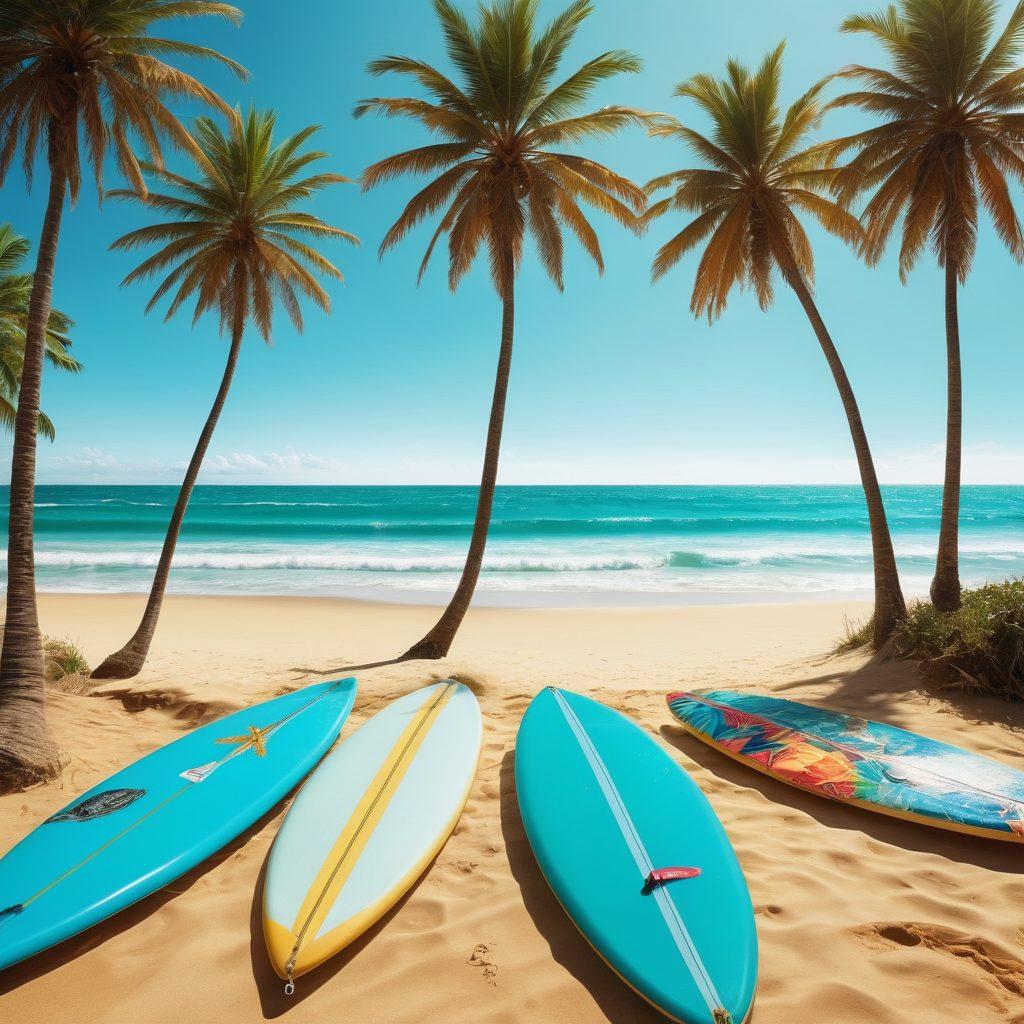 A vibrant scene capturing a diverse group of adventurers in stylish beachwear, enjoying a sunny beach with golden sands and turquoise waves. Include elements like surfboards, beach umbrellas, and palm trees in the background, while showcasing various beach outfits combining comfort and flair. The overall mood should feel liberating and adventurous. super-realistic. vibrant colors. sunny atmosphere.