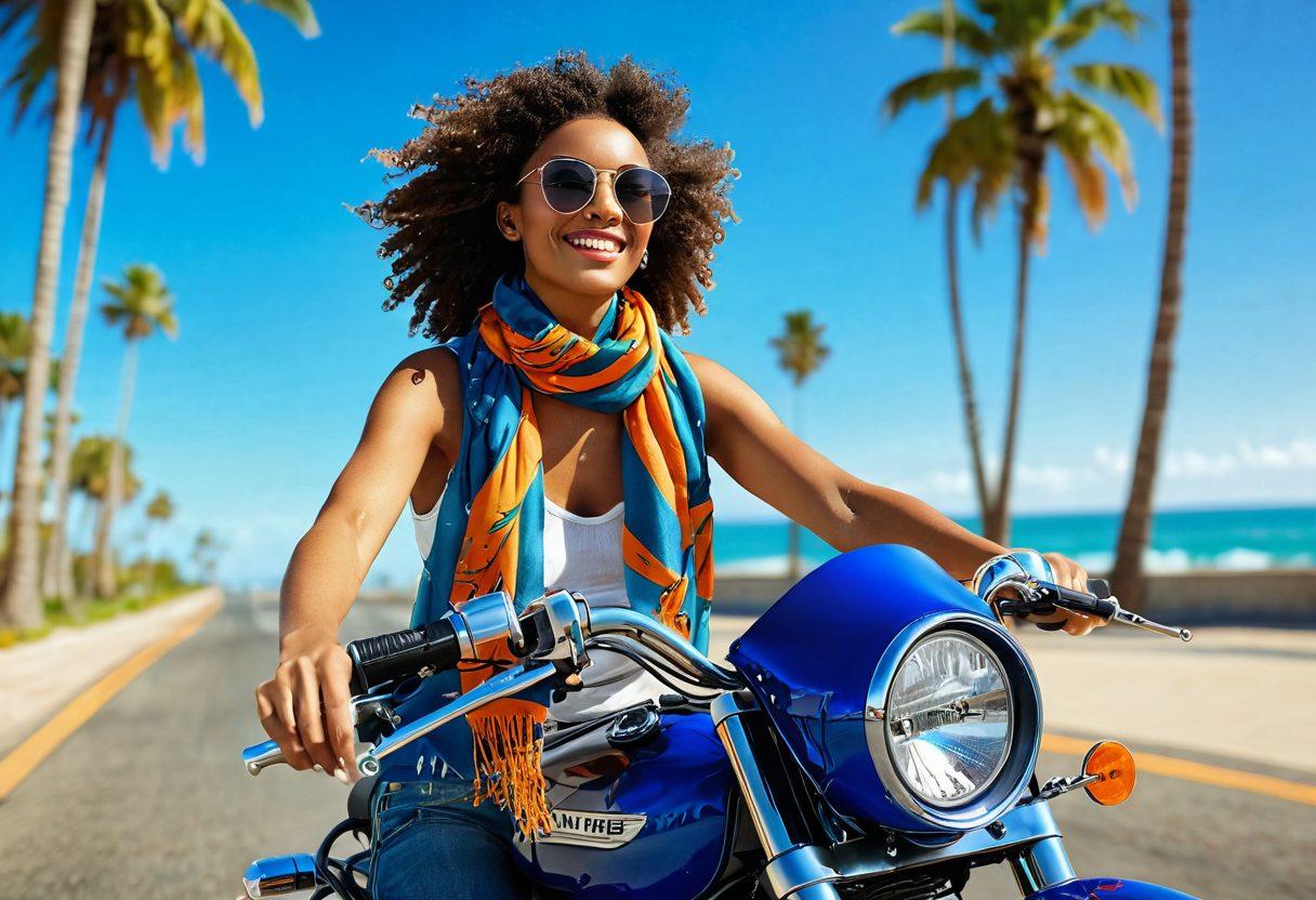 A stylish individual joyfully riding a vintage motorcycle down a sunlit coastal highway, wearing vibrant summer fashion, with a flowing scarf catching the wind. The backdrop features a bright blue sky, palm trees swaying, and rolling waves crashing against the shore. Include colorful summer accessories like sunglasses and a backpack filled with adventure essentials. The overall vibe should exude freedom and adventure. super-realistic. vibrant colors. 3D.